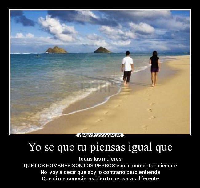 Yo se que tu piensas igual que - todas las mujeres
QUE LOS HOMBRES SON LOS PERROS eso lo comentan siempre
No voy a decir que soy lo contrario pero entiende
Que si me conocieras bien tu pensaras diferente