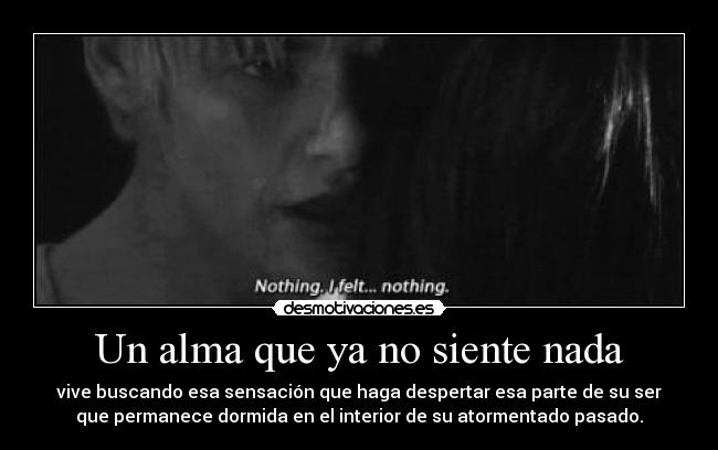 Un alma que ya no siente nada - vive buscando esa sensación que haga despertar esa parte de su ser
que permanece dormida en el interior de su atormentado pasado.