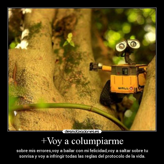 +Voy a columpiarme - sobre mis errores,voy a bailar con mi felicidad,voy a saltar sobre tu
sonrisa y voy a infringir todas las reglas del protocolo de la vida.