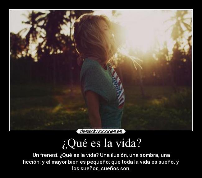 ¿Qué es la vida? - Un frenesí. ¿Qué es la vida? Una ilusión, una sombra, una
ficción; y el mayor bien es pequeño; que toda la vida es sueño, y
los sueños, sueños son.