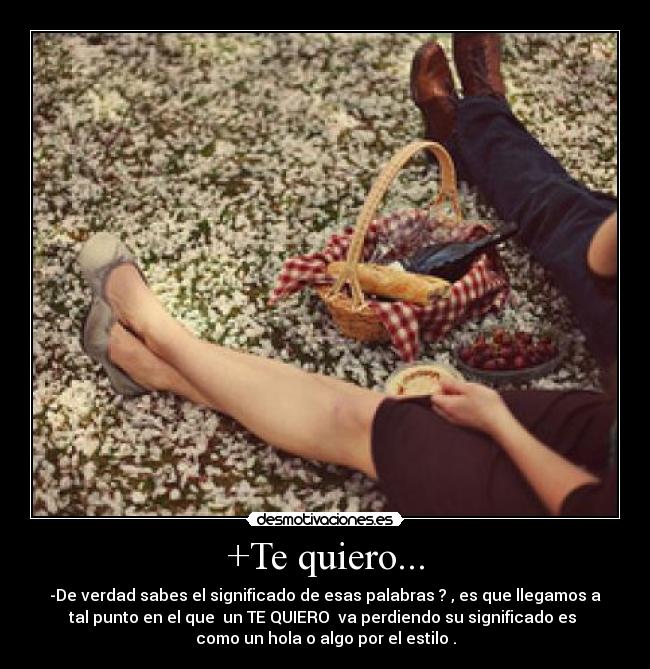 +Te quiero... - -De verdad sabes el significado de esas palabras ? , es que llegamos a
tal punto en el que  un TE QUIERO  va perdiendo su significado es 
como un hola o algo por el estilo .