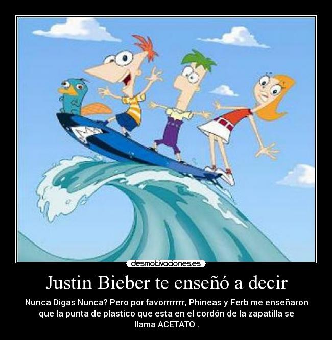 Justin Bieber te enseñó a decir - Nunca Digas Nunca? Pero por favorrrrrrr, Phineas y Ferb me enseñaron
que la punta de plastico que esta en el cordón de la zapatilla se
llama ACETATO .