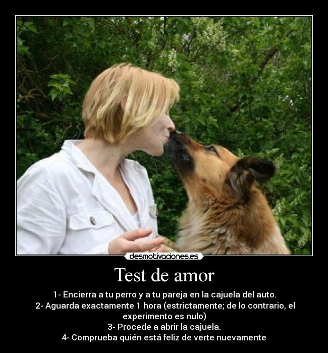 Test de amor - 1- Encierra a tu perro y a tu pareja en la cajuela del auto.
 2- Aguarda exactamente 1 hora (estrictamente; de lo contrario, el
experimento es nulo)
3- Procede a abrir la cajuela.
4- Comprueba quién está feliz de verte nuevamente