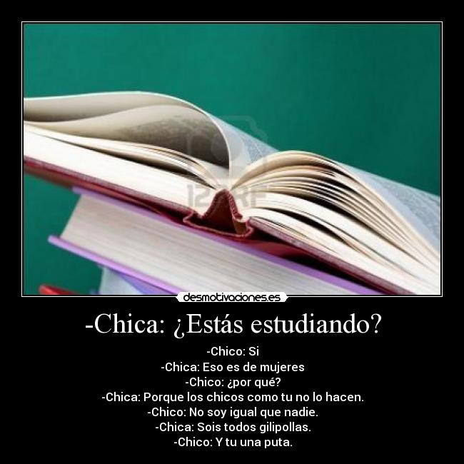 -Chica: ¿Estás estudiando? - -Chico: Si
-Chica: Eso es de mujeres
-Chico: ¿por qué?
-Chica: Porque los chicos como tu no lo hacen.
-Chico: No soy igual que nadie.
-Chica: Sois todos gilipollas.
-Chico: Y tu una puta.