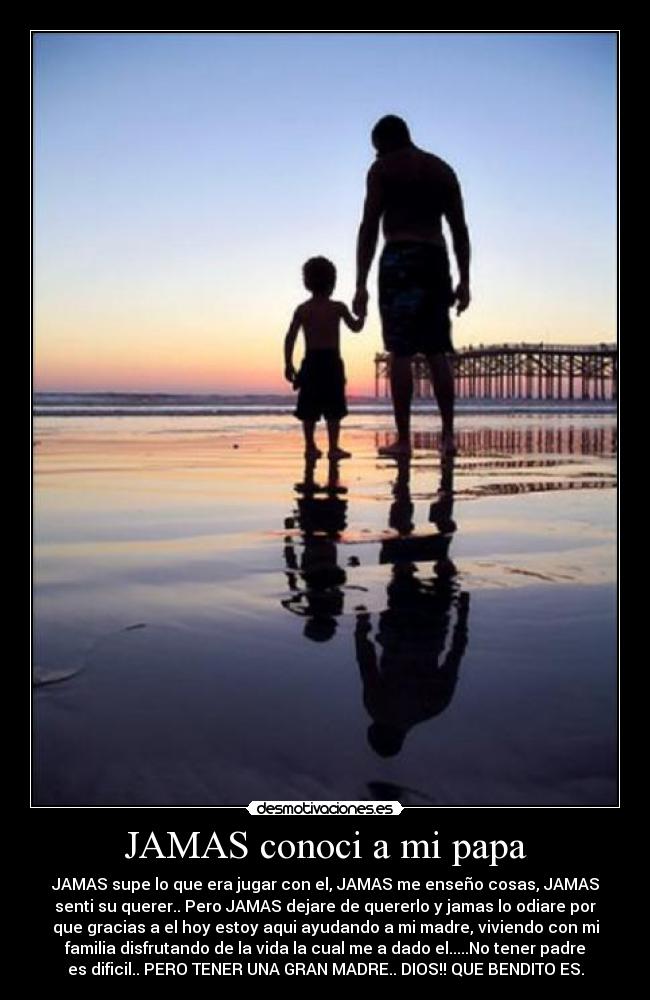 JAMAS conoci a mi papa - JAMAS supe lo que era jugar con el, JAMAS me enseño cosas, JAMAS
senti su querer.. Pero JAMAS dejare de quererlo y jamas lo odiare por
que gracias a el hoy estoy aqui ayudando a mi madre, viviendo con mi
familia disfrutando de la vida la cual me a dado el.....No tener padre
es dificil.. PERO TENER UNA GRAN MADRE.. DIOS!! QUE BENDITO ES.