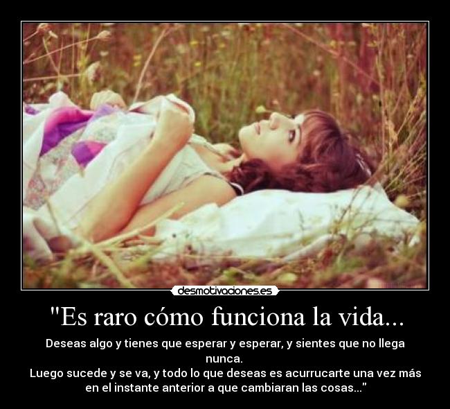 Es raro cómo funciona la vida... - Deseas algo y tienes que esperar y esperar, y sientes que no llega
nunca. 
Luego sucede y se va, y todo lo que deseas es acurrucarte una vez más
en el instante anterior a que cambiaran las cosas...