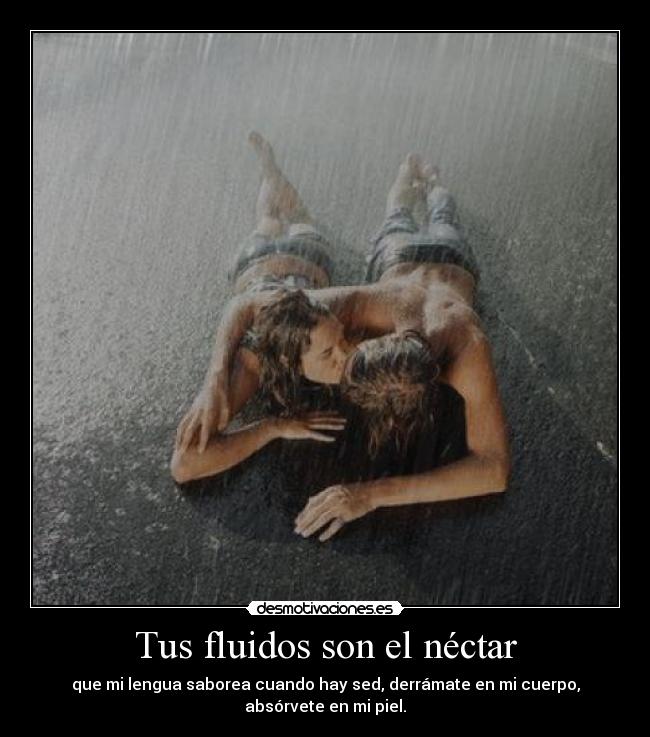 Tus fluidos son el néctar - que mi lengua saborea cuando hay sed, derrámate en mi cuerpo, absórvete en mi piel.