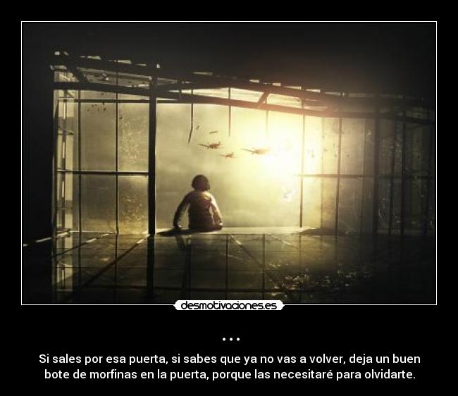 ... - Si sales por esa puerta, si sabes que ya no vas a volver, deja un buen
bote de morfinas en la puerta, porque las necesitaré para olvidarte.