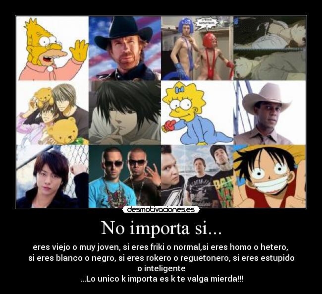 No importa si... - eres viejo o muy joven, si eres friki o normal,si eres homo o hetero,
si eres blanco o negro, si eres rokero o reguetonero, si eres estupido o inteligente
...Lo unico k importa es k te valga mierda!!!