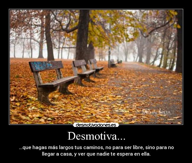 Desmotiva... - ...que hagas más largos tus caminos, no para ser libre, sino para no
llegar a casa, y ver que nadie te espera en ella.
