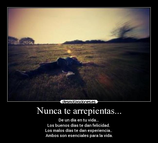 Nunca te arrepientas... - De un día en tu vida...
Los buenos días te dan felicidad.
Los malos días te dan experiencia..
Ambos son esenciales para la vida.