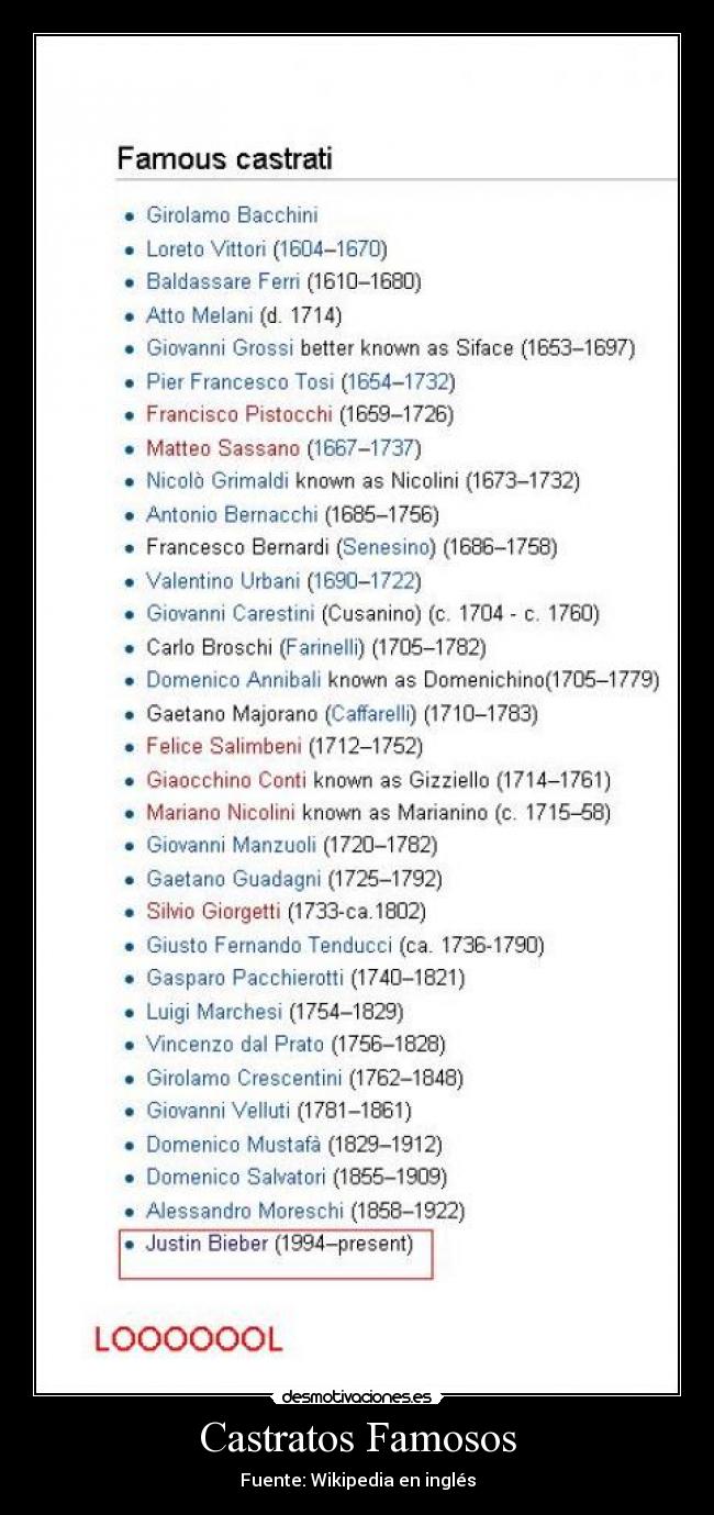 Castratos Famosos - Fuente: Wikipedia en inglés