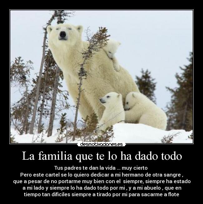 La familia que te lo ha dado todo - Tus padres te dan la vida ... muy cierto 
Pero este cartel se lo quiero dedicar a mi hermano de otra sangre ,
que a pesar de no portarme muy bien con el  siempre, siempre ha estado
a mi lado y siempre lo ha dado todo por mi , y a mi abuelo , que en
tiempo tan dificiles siempre a tirado por mi para sacarme a flote