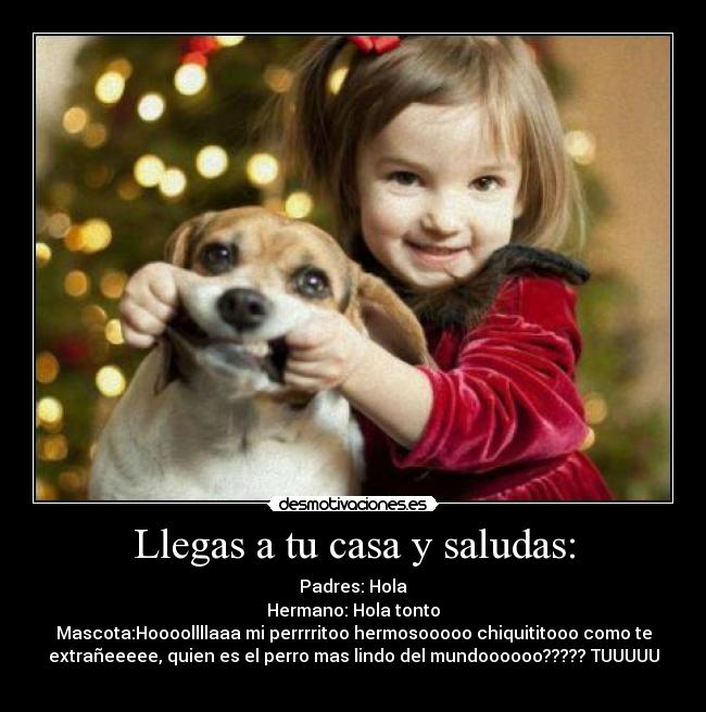 Llegas a tu casa y saludas: - Padres: Hola
Hermano: Hola tonto
Mascota:Hoooollllaaa mi perrrritoo hermosooooo chiquititooo como te
extrañeeeee, quien es el perro mas lindo del mundoooooo????? TUUUUU
♥