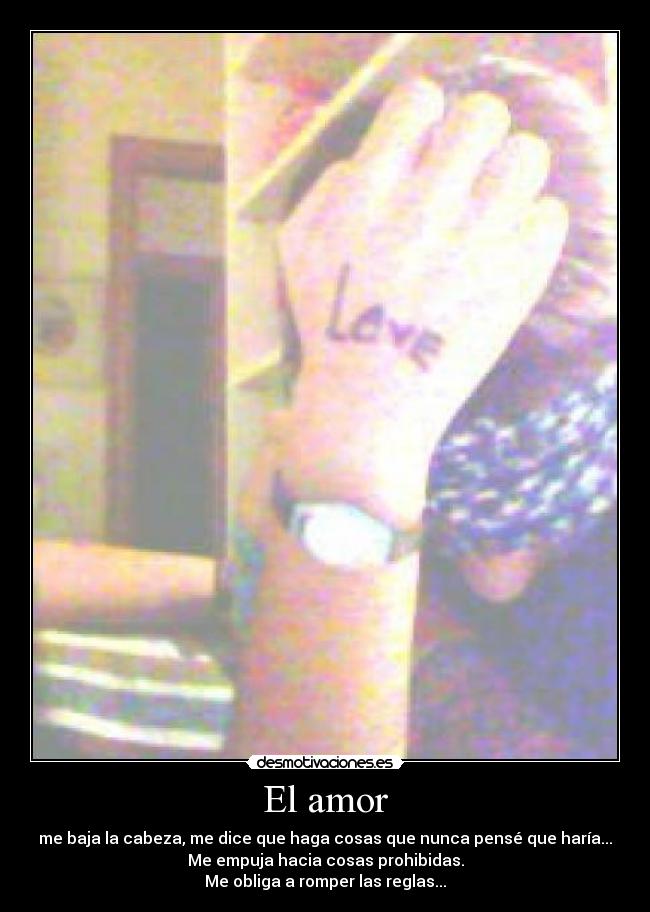 El amor - me baja la cabeza, me dice que haga cosas que nunca pensé que haría...
Me empuja hacia cosas prohibidas.
Me obliga a romper las reglas...