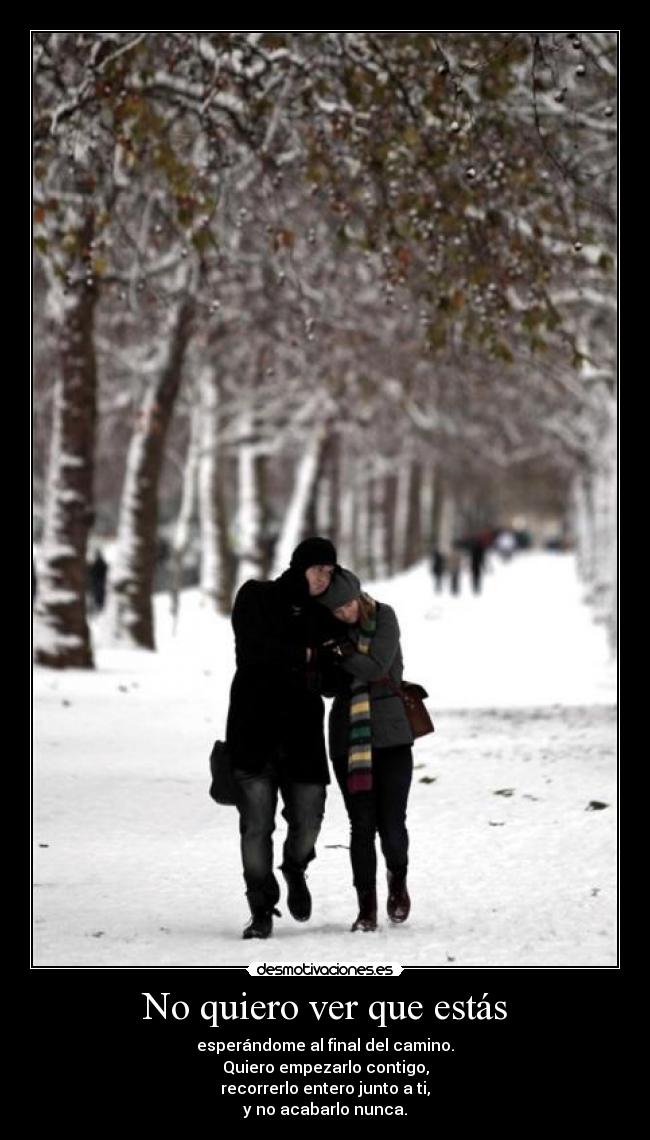 No quiero ver que estás - esperándome al final del camino.
Quiero empezarlo contigo,
recorrerlo entero junto a ti,
y no acabarlo nunca.