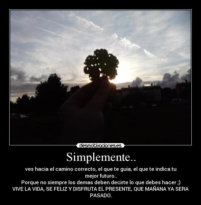 Simplemente.. - ves hacia el camino correcto, el que te guia, el que te indica tu
mejor futuro..
Porque no siempre los demas deben decirte lo que debes hacer ;)
VIVE LA VIDA, SE FELIZ Y DISFRUTA EL PRESENTE, QUE MAÑANA YA SERA
PASADO.