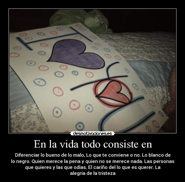 En la vida todo consiste en - Diferenciar lo bueno de lo malo, Lo que te conviene o no. Lo blanco de
lo negro. Quien merece la pena y quien no se merece nada. Las personas
que quieres y las que odias. El cariño del lo que es querer. La
alegría de la tristeza