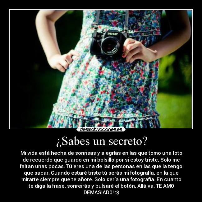 ¿Sabes un secreto? - Mi vida está hecha de sonrisas y alegrías en las que tomo una foto
de recuerdo que guardo en mi bolsillo por si estoy triste. Solo me
faltan unas pocas. Tú eres una de las personas en las que la tengo
que sacar. Cuando estaré triste tú serás mi fotografía, en la que
mirarte siempre que te añore. Solo sería una fotografía. En cuanto
te diga la frase, sonreirás y pulsaré el botón. Allá va. TE AM0
DEMASIAD0!♥:$