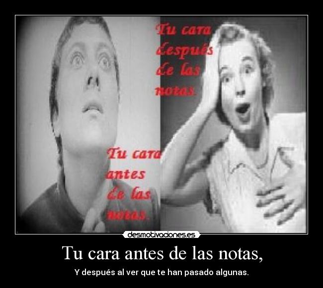Tu cara antes de las notas, - Y después al ver que te han pasado algunas.