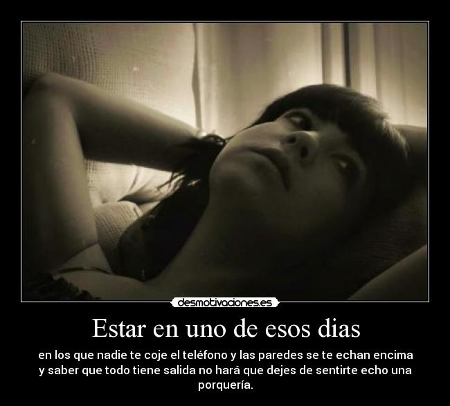 Estar en uno de esos dias - en los que nadie te coje el teléfono y las paredes se te echan encima
y saber que todo tiene salida no hará que dejes de sentirte echo una
porquería.