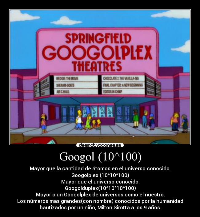 Googol (10^100) - Mayor que la cantidad de átomos en el universo conocido.
Googolplex (10^10^100)
Mayor que el universo conocido.
Googolduplex(10^10^10^100)
Mayor a un Googolplex de universos como el nuestro.
Los números mas grandes(con nombre) conocidos por la humanidad
bautizados por un niño, Milton Sirotta a los 9 años.
