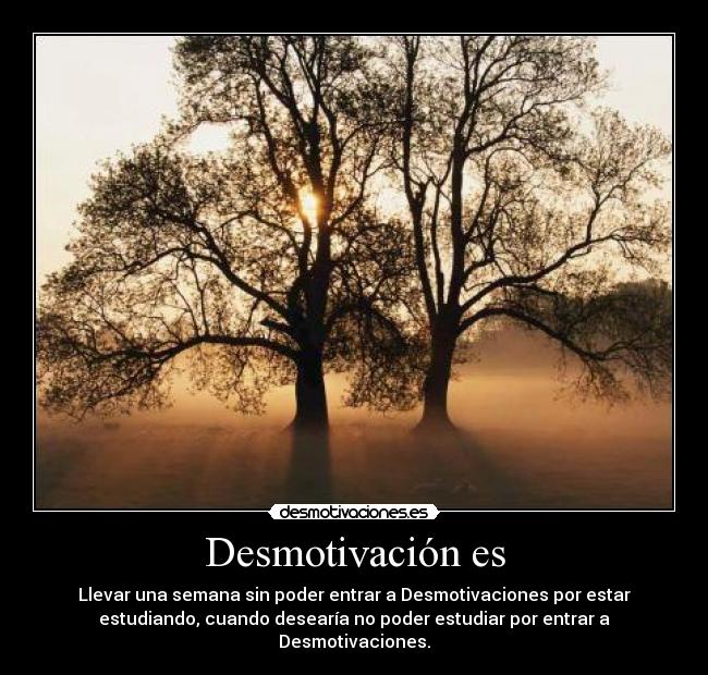 Desmotivación es - Llevar una semana sin poder entrar a Desmotivaciones por estar
estudiando, cuando desearía no poder estudiar por entrar a
Desmotivaciones.