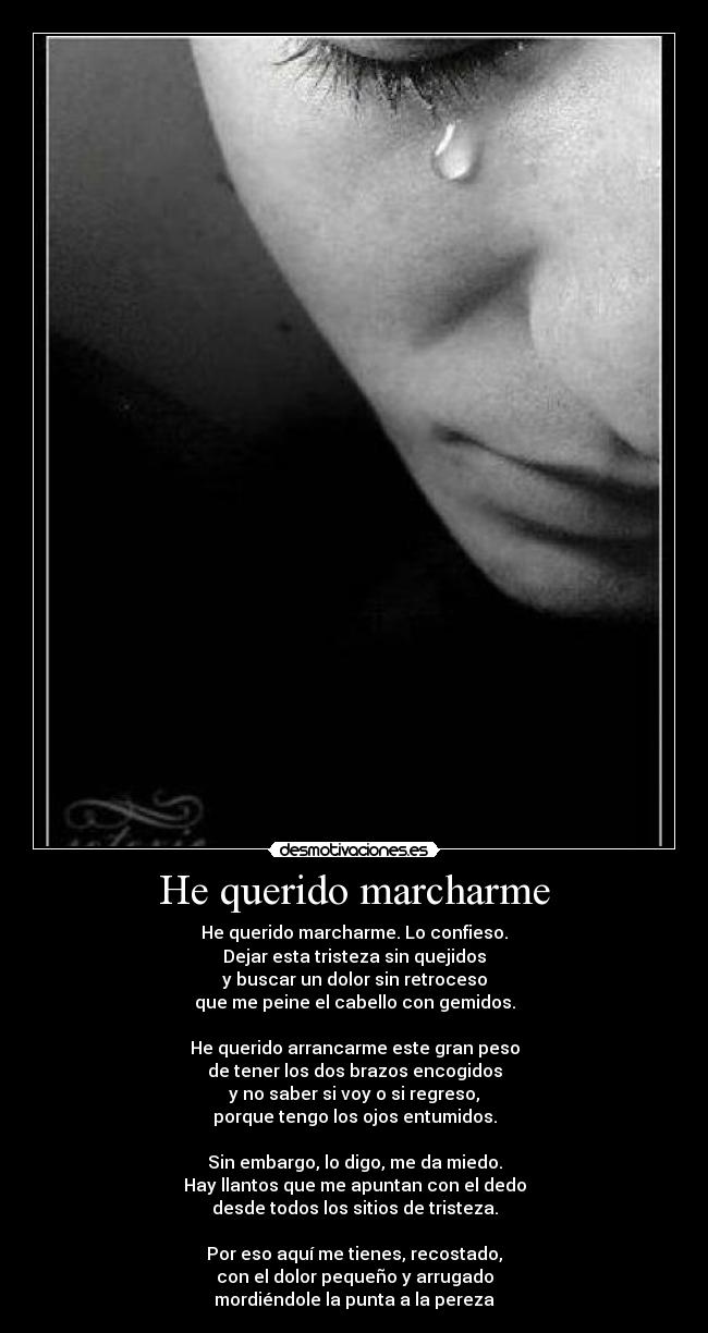 He querido marcharme - He querido marcharme. Lo confieso.
Dejar esta tristeza sin quejidos
y buscar un dolor sin retroceso
que me peine el cabello con gemidos.
He querido arrancarme este gran peso
de tener los dos brazos encogidos
y no saber si voy o si regreso,
porque tengo los ojos entumidos.
Sin embargo, lo digo, me da miedo.
Hay llantos que me apuntan con el dedo
desde todos los sitios de tristeza.
Por eso aquí me tienes, recostado,
con el dolor pequeño y arrugado
mordiéndole la punta a la pereza