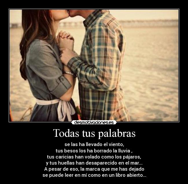 Todas tus palabras - se las ha llevado el viento,
tus besos los ha borrado la lluvia ,
tus caricias han volado como los pájaros,
y tus huellas han desaparecido en el mar...
A pesar de eso, la marca que me has dejado
se puede leer en mí como en un libro abierto...