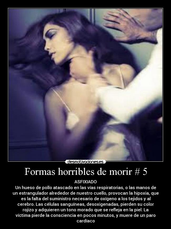 Formas horribles de morir # 5 - ASFIXIADO
Un hueso de pollo atascado en las vías respiratorias, o las manos de
un estrangulador alrededor de nuestro cuello, provocan la hipoxia, que
es la falta del suministro necesario de oxígeno a los tejidos y al
cerebro. Las células sanguíneas, desoxigenadas, pierden su color
rojizo y adquieren un tono morado que se refleja en la piel. La
víctima pierde la consciencia en pocos minutos, y muere de un paro
cardíaco