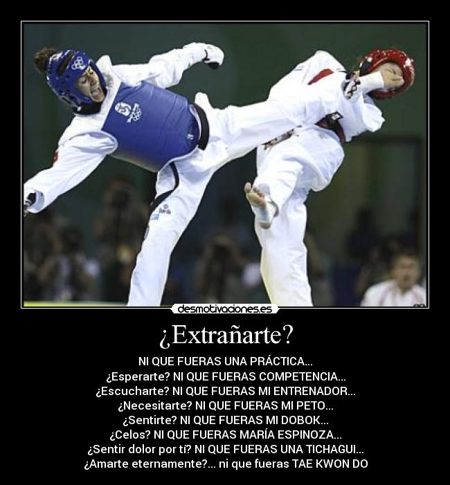 ¿Extrañarte? - NI QUE FUERAS UNA PRÁCTICA...
¿Esperarte? NI QUE FUERAS COMPETENCIA...
¿Escucharte? NI QUE FUERAS MI ENTRENADOR...
¿Necesitarte? NI QUE FUERAS MI PETO...
¿Sentirte? NI QUE FUERAS MI DOBOK...
¿Celos? NI QUE FUERAS MARÍA ESPINOZA...
¿Sentir dolor por tí? NI QUE FUERAS UNA TICHAGUI...
¿Amarte eternamente?... ni que fueras TAE KWON DO