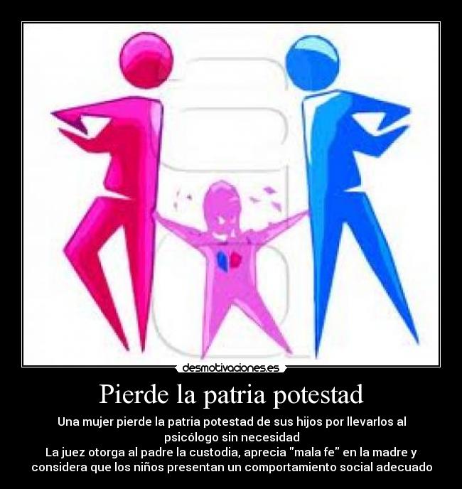 Pierde la patria potestad - Una mujer pierde la patria potestad de sus hijos por llevarlos al
psicólogo sin necesidad
La juez otorga al padre la custodia, aprecia mala fe en la madre y
considera que los niños presentan un comportamiento social adecuado