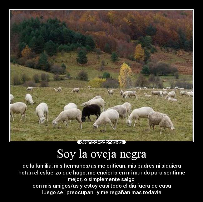 Soy la oveja negra - de la familia, mis hermanos/as me critican, mis padres ni siquiera
notan el esfuerzo que hago, me encierro en mi mundo para sentirme
mejor, o simplemente salgo 
con mis amigos/as y estoy casi todo el dia fuera de casa
luego se preocupan y me regañan mas todavia