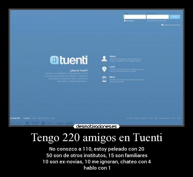 Tengo 220 amigos en Tuenti - No conozco a 110, estoy peleado con 20
50 son de otros institutos, 15 son familiares
10 son ex-novias, 10 me ignoran, chateo con 4
hablo con 1