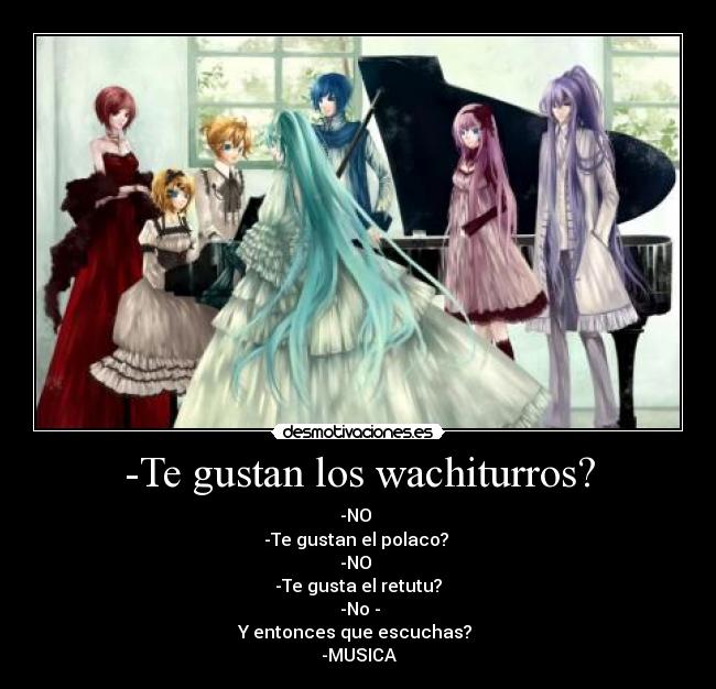 -Te gustan los wachiturros? - -NO
-Te gustan el polaco?
-NO
-Te gusta el retutu?
-No -
Y entonces que escuchas?
-MUSICA