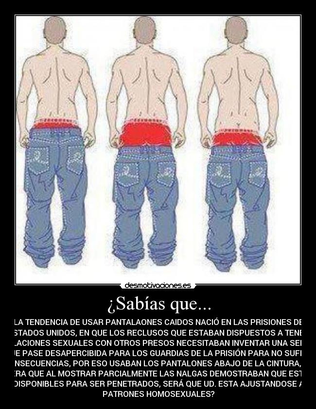 ¿Sabías que... - LA TENDENCIA DE USAR PANTALAONES CAIDOS NACIÓ EN LAS PRISIONES DE
ESTADOS UNIDOS, EN QUE LOS RECLUSOS QUE ESTABAN DISPUESTOS A TENER
RELACIONES SEXUALES CON OTROS PRESOS NECESITABAN INVENTAR UNA SEÑAL
QUE PASE DESAPERCIBIDA PARA LOS GUARDIAS DE LA PRISIÓN PARA NO SUFRIR
CONSECUENCIAS, POR ESO USABAN LOS PANTALONES ABAJO DE LA CINTURA, DE
MANERA QUE AL MOSTRAR PARCIALMENTE LAS NALGAS DEMOSTRABAN QUE ESTABAN
DISPONIBLES PARA SER PENETRADOS, SERÁ QUE UD. ESTA AJUSTANDOSE A
PATRONES HOMOSEXUALES?