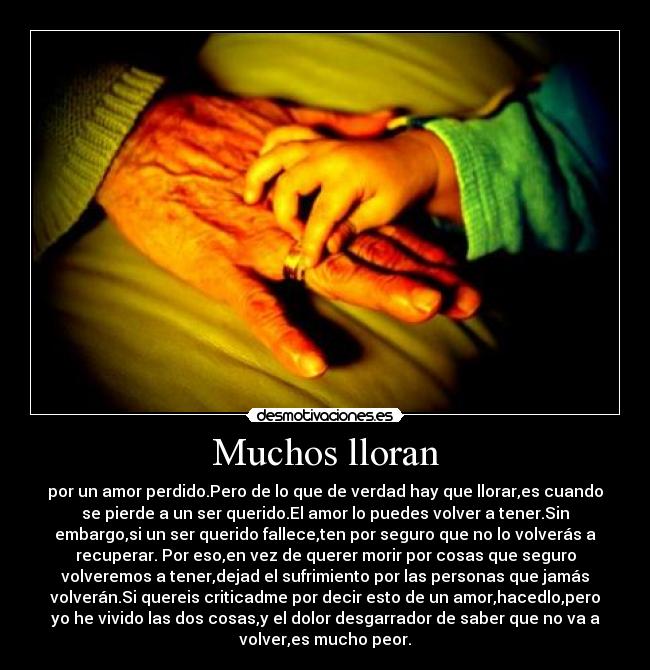 Muchos lloran - por un amor perdido.Pero de lo que de verdad hay que llorar,es cuando
se pierde a un ser querido.El amor lo puedes volver a tener.Sin
embargo,si un ser querido fallece,ten por seguro que no lo volverás a
recuperar. Por eso,en vez de querer morir por cosas que seguro
volveremos a tener,dejad el sufrimiento por las personas que jamás
volverán.Si quereis criticadme por decir esto de un amor,hacedlo,pero
yo he vivido las dos cosas,y el dolor desgarrador de saber que no va a
volver,es mucho peor.