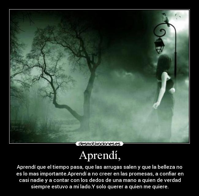 Aprendí, - Aprendí que el tiempo pasa, que las arrugas salen y que la belleza no
es lo mas importante.Aprendí a no creer en las promesas, a confiar en
casi nadie y a contar con los dedos de una mano a quien de verdad
siempre estuvo a mi lado.Y solo querer a quien me quiere.