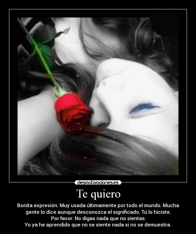 Te quiero - Bonita expresión. Muy usada últimamente por todo el mundo. Mucha
gente lo dice aunque desconozca el significado. Tú lo hiciste.
Por favor: No digas nada que no sientas.
Yo ya he aprendido que no se siente nada si no se demuestra.