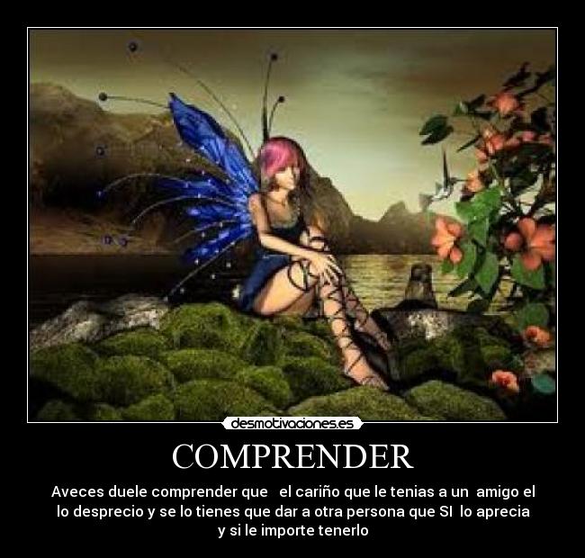 COMPRENDER - Aveces duele comprender que el cariño que le tenias a un amigo el
lo desprecio y se lo tienes que dar a otra persona que SI lo aprecia
y si le importe tenerlo