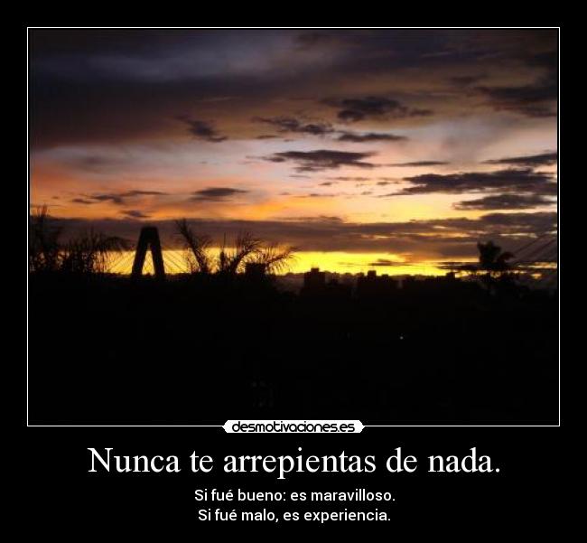 Nunca te arrepientas de nada. - Si fué bueno: es maravilloso.
Si fué malo, es experiencia.