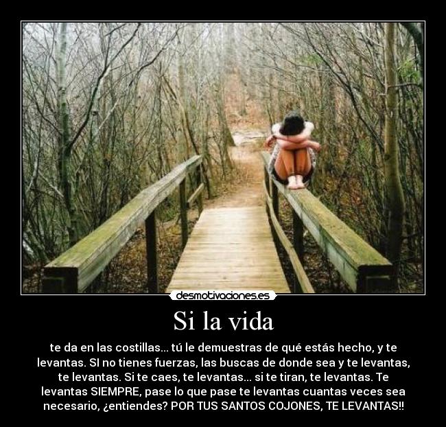 Si la vida - te da en las costillas... tú le demuestras de qué estás hecho, y te
levantas. SI no tienes fuerzas, las buscas de donde sea y te levantas,
te levantas. Si te caes, te levantas... si te tiran, te levantas. Te
levantas SIEMPRE, pase lo que pase te levantas cuantas veces sea
necesario, ¿entiendes? POR TUS SANTOS COJONES, TE LEVANTAS!!