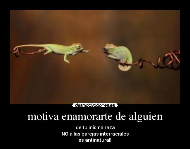 motiva enamorarte de alguien - de tu misma raza
NO a las parejas interraciales
es antinatural!!