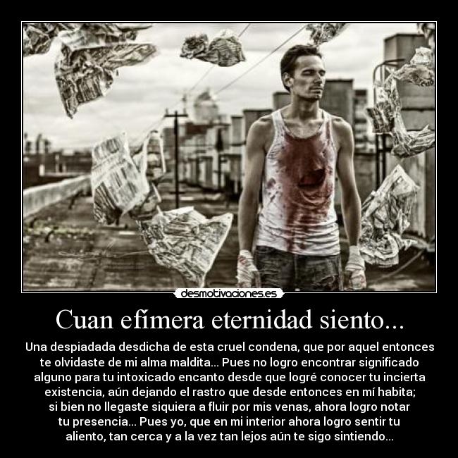 Cuan efímera eternidad siento... - Una despiadada desdicha de esta cruel condena, que por aquel entonces
te olvidaste de mi alma maldita... Pues no logro encontrar significado
alguno para tu intoxicado encanto desde que logré conocer tu incierta
existencia, aún dejando el rastro que desde entonces en mí habita;
si bien no llegaste siquiera a fluir por mis venas, ahora logro notar
tu presencia... Pues yo, que en mi interior ahora logro sentir tu
aliento, tan cerca y a la vez tan lejos aún te sigo sintiendo...