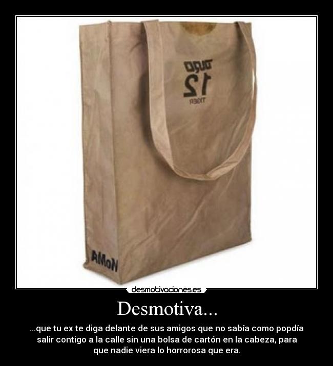 Desmotiva... - ...que tu ex te diga delante de sus amigos que no sabía como popdía
salir contigo a la calle sin una bolsa de cartón en la cabeza, para
que nadie viera lo horrorosa que era.