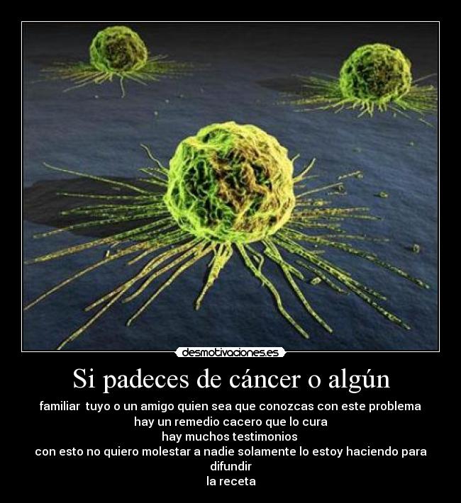 Si padeces de cáncer o algún - familiar tuyo o un amigo quien sea que conozcas con este problema
hay un remedio cacero que lo cura
hay muchos testimonios
con esto no quiero molestar a nadie solamente lo estoy haciendo para difundir
la receta