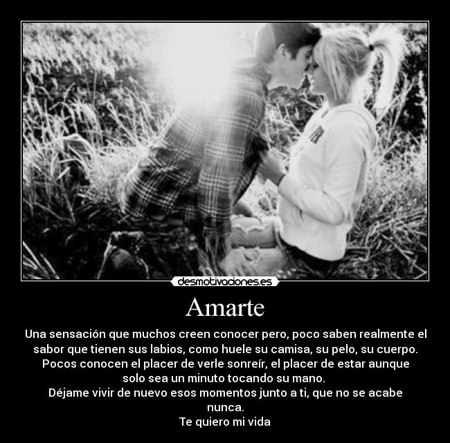 Amarte - Una sensación que muchos creen conocer pero, poco saben realmente el
sabor que tienen sus labios, como huele su camisa, su pelo, su cuerpo.
Pocos conocen el placer de verle sonreír, el placer de estar aunque
solo sea un minuto tocando su mano.
Déjame vivir de nuevo esos momentos junto a ti, que no se acabe
nunca.
Te quiero mi vida