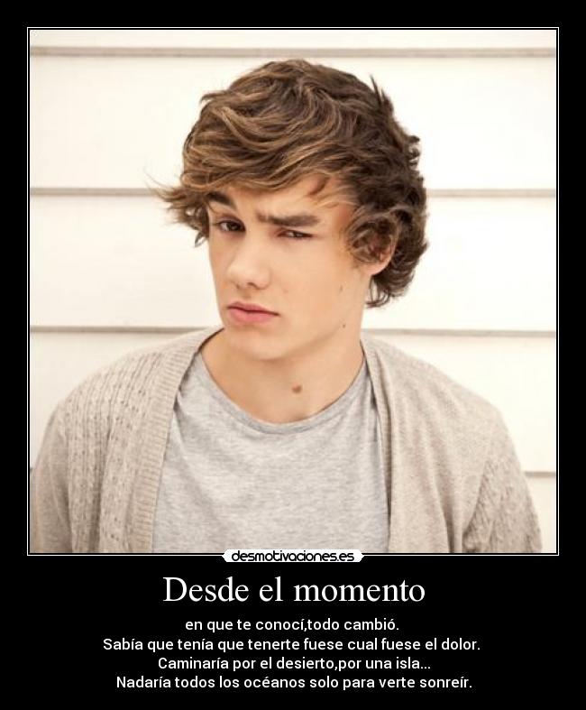 Desde el momento - en que te conocí,todo cambió.
Sabía que tenía que tenerte fuese cual fuese el dolor.
Caminaría por el desierto,por una isla...
Nadaría todos los océanos solo para verte sonreír.