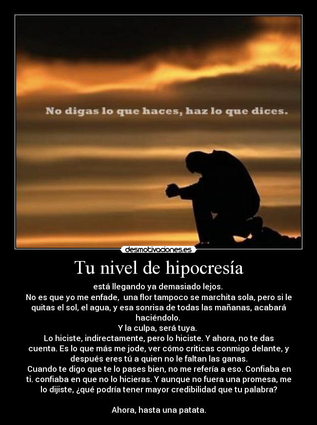 Tu nivel de hipocresía - está llegando ya demasiado lejos.
No es que yo me enfade, una flor tampoco se marchita sola, pero si le
quitas el sol, el agua, y esa sonrisa de todas las mañanas, acabará
haciéndolo.
Y la culpa, será tuya.
Lo hiciste, indirectamente, pero lo hiciste. Y ahora, no te das
cuenta. Es lo que más me jode, ver cómo criticas conmigo delante, y
después eres tú a quien no le faltan las ganas.
Cuando te digo que te lo pases bien, no me refería a eso. Confiaba en
ti. confiaba en que no lo hicieras. Y aunque no fuera una promesa, me
lo dijiste, ¿qué podría tener mayor credibilidad que tu palabra?
Ahora, hasta una patata.