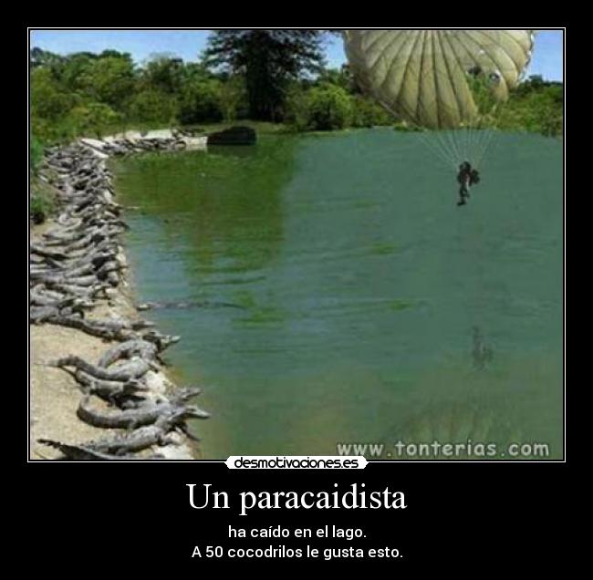 Un paracaidista - ha caído en el lago.
A 50 cocodrilos le gusta esto.